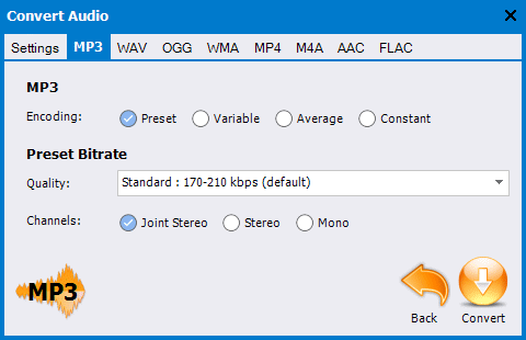 Each format has its own options, but you can use the default values if you prefer.