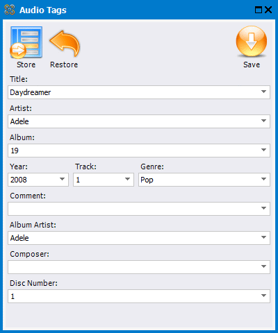 Edit any tags for any track, or edit tags for multiple tracks. Drop-down options let you keep any settings (such as track title) which you don't want to change.